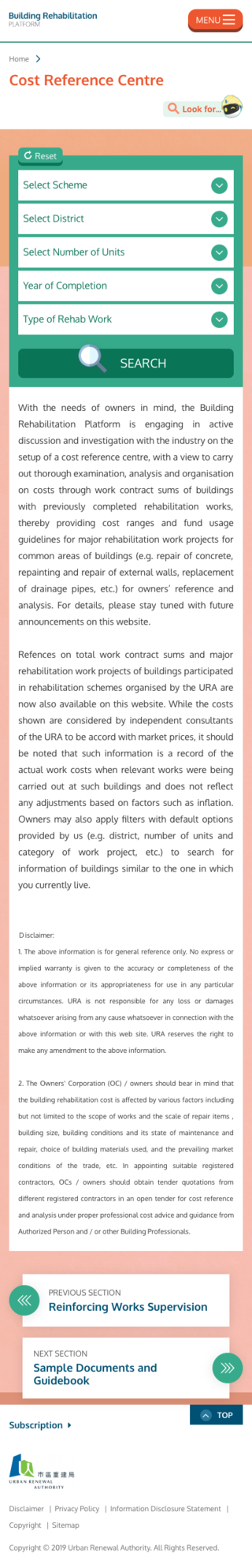 Building Rehabilitation Platform Mobile Cost Reference Centre page
