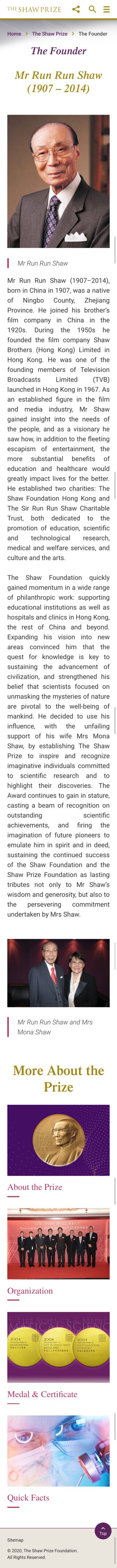 The Shaw Prize  website screenshot for mobile version 3 of 4
